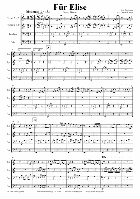 For Elise Ludwig Van Beethoven Brass Quartet Sheet Music