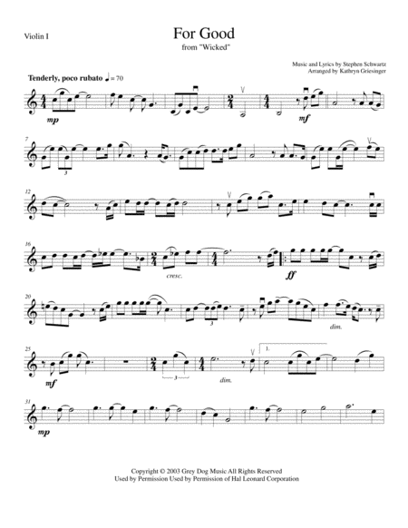 For Good From Wicked String Quartet Sheet Music