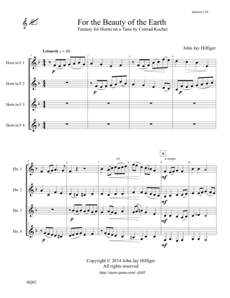 For The Beauty Of The Earth Fantasy On A Tune By Conrad Kocher For 4 Horns Sheet Music