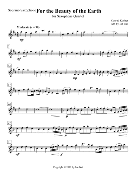 For The Beauty Of The Earth For Saxophone Quartet Sheet Music