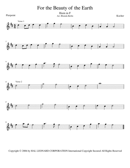 For The Beauty Of The Earth Horn Solo Sheet Music