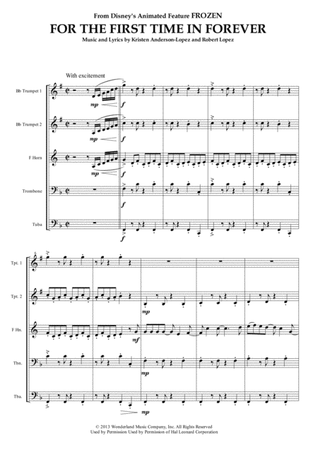 Free Sheet Music For The First Time In Forever From Frozen For Brass Quintet