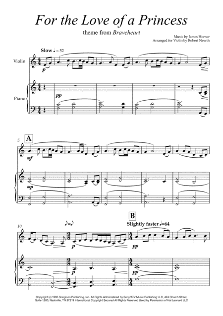 For The Love Of A Princess Braveheart Theme For Violin And Piano Sheet Music