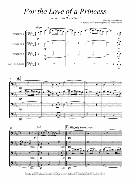 For The Love Of A Princess Theme From Braveheart For Trombone Quartet Sheet Music