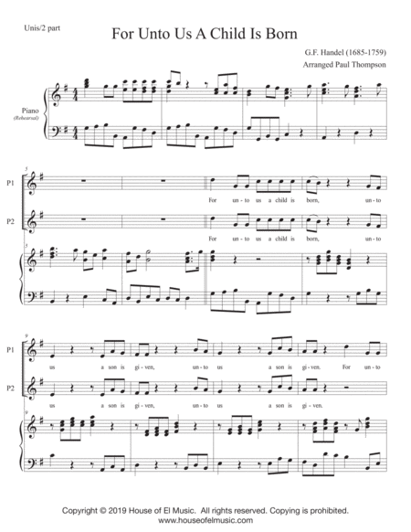 For Unto Us 2 Part Handels Messiah For Young Voices Sheet Music