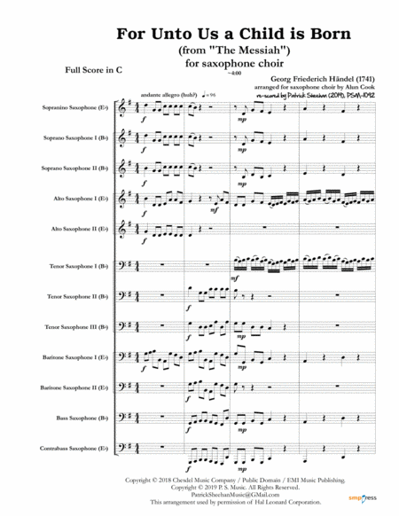 For Unto Us A Child Is Born From Messiah For Saxophone Choir Full Score Set Of Parts Sheet Music