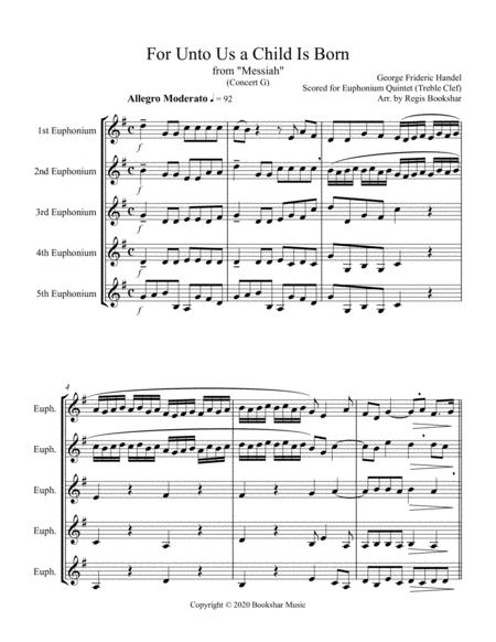 For Unto Us A Child Is Born From Messiah G Euphonium Quintet Treble Clef Sheet Music