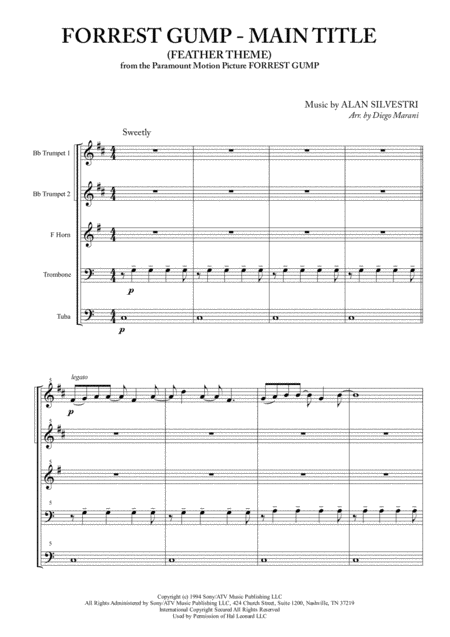 Forrest Gump Main Title Feather Theme For Brass Quintet Sheet Music