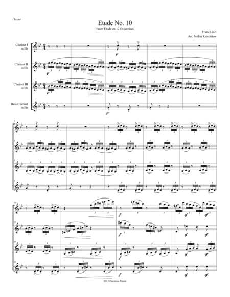 Franz Liszt Etude No 10 Arranged For Clarinet Quartet Sheet Music