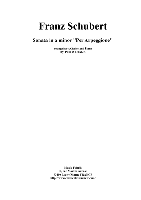 Franz Schubert Sonata In A Minor Per Arpeggione Arranged For A Clarinet And Piano Sheet Music