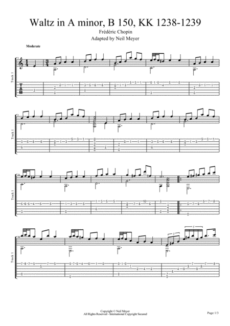 Frederich Chopin Waltz In A Minor B 150 For Guitar Sheet Music