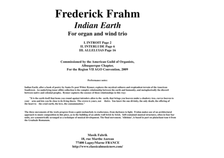 Frederick Frahm Indian Earth For Oboe Flute Bb Clarinet Bassoon And Organ Sheet Music