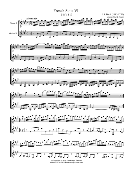 Free Sheet Music French Suite No 6 Bwv 817 For Guitar Duo