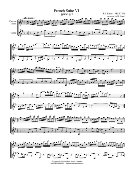 French Suite No 6 Bwv 817 For Violin Or Flute And Guitar Sheet Music