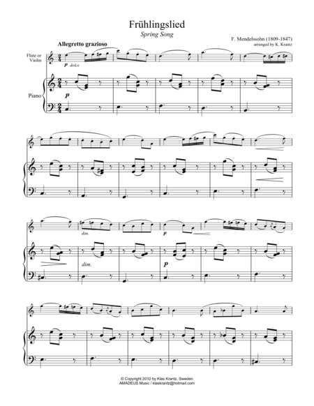 Free Sheet Music Frhlingslied Spring Song For Violin And Flute And Easy Piano