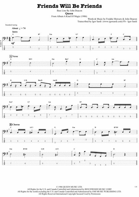 Friends Will Be Friends Queen John Deacon Complete And Accurate Bass Transcription Whit Tab Sheet Music