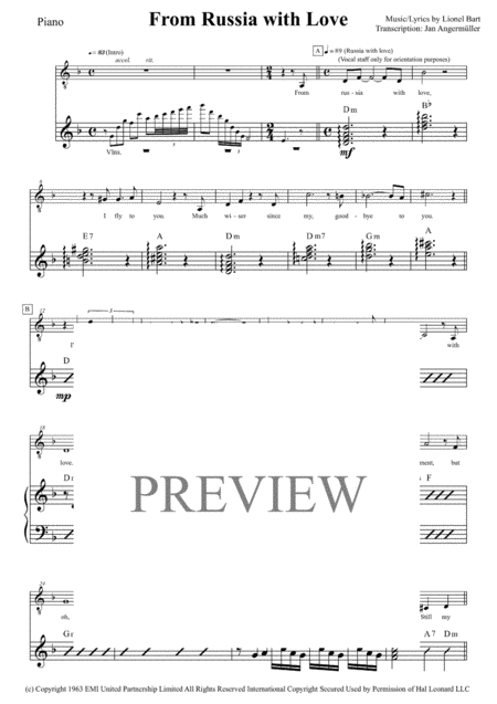 Free Sheet Music From Russia With Love Piano Vocals Chords Part Transcription From Original Recording