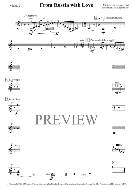 Free Sheet Music From Russia With Love Violin 2 Play A Long The Violin 2 Part Of The Original Recording For James Bond