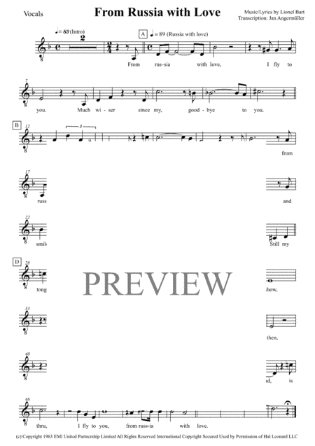 From Russia With Love Vocals W Chords Transcription Of Original Recording Sheet Music