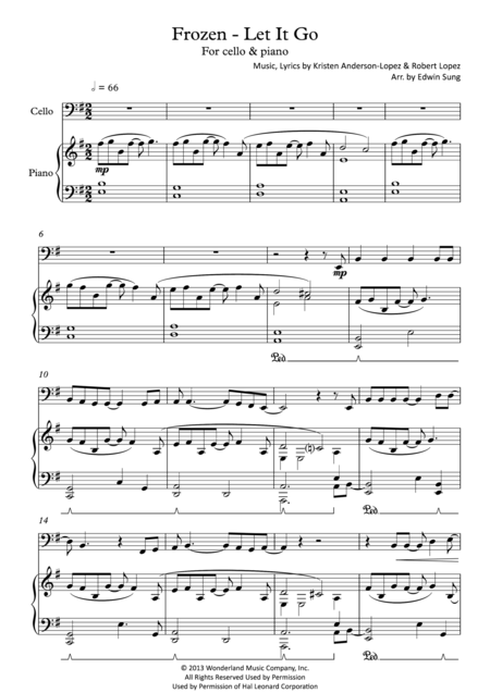 Frozen Let It Go For Cello Piano Including Part Score Sheet Music