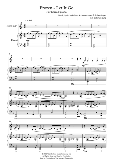 Free Sheet Music Frozen Let It Go For Horn Piano Including Part Score