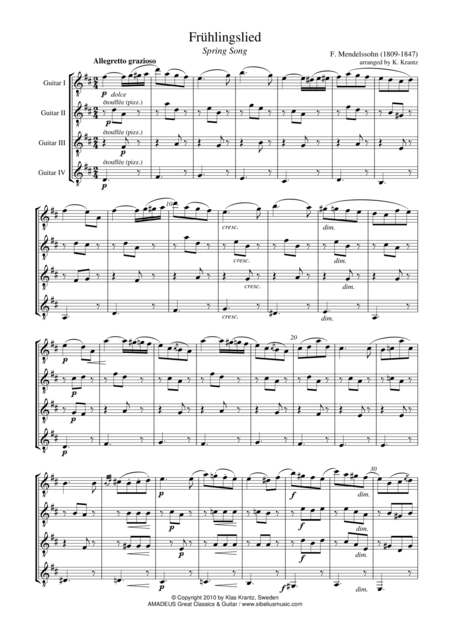 Fruhlingslied Spring Song For Guitar Quartet Sheet Music