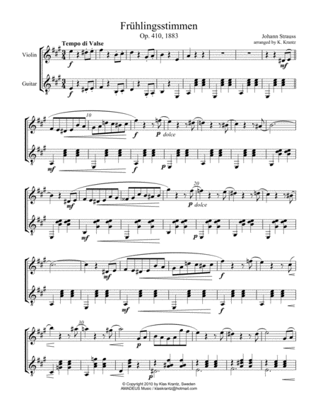 Free Sheet Music Fruhlingsstimmen Voices Of Spring A Major For Violin And Guitar