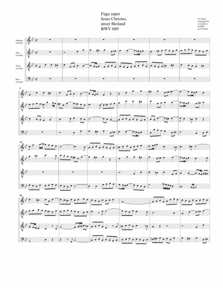 Fuga Super Jesus Christus Unser Heiland Bwv 689 Arrangement For 4 Recorders Sheet Music