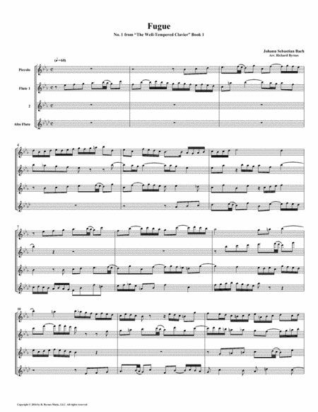 Free Sheet Music Fugue 01 From Well Tempered Clavier Book 1 Flute Quartet