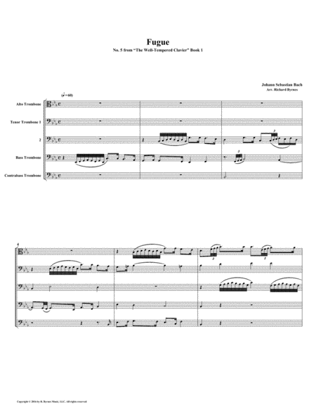 Fugue 05 From Well Tempered Clavier Book 1 Trombone Quintet Sheet Music