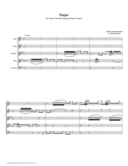 Fugue 05 From Well Tempered Clavier Book 1 Woodwind Quintet Sheet Music