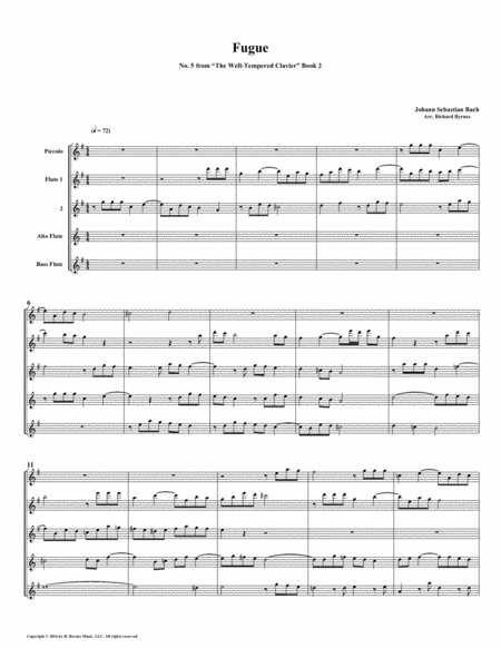 Fugue 05 From Well Tempered Clavier Book 2 Flute Quintet Sheet Music