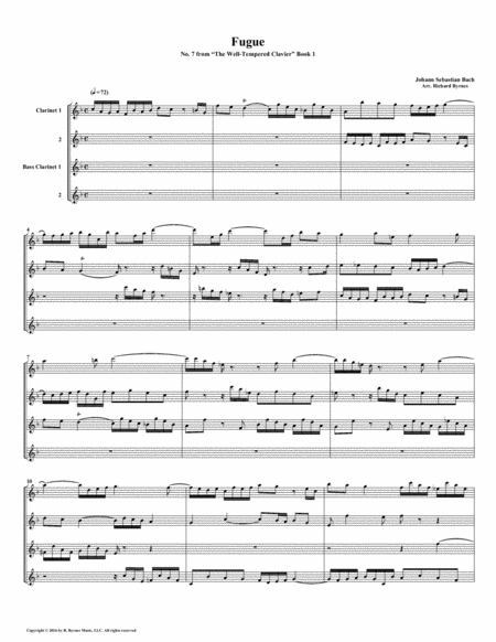 Fugue 07 From Well Tempered Clavier Book 1 Clarinet Quartet Sheet Music