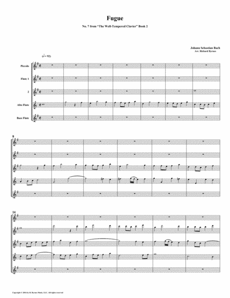 Fugue 07 From Well Tempered Clavier Book 2 Flute Quintet Sheet Music