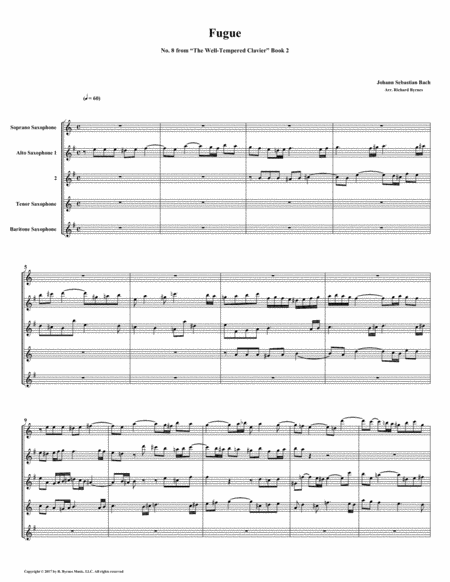 Fugue 08 From Well Tempered Clavier Book 2 Saxophone Quintet Sheet Music