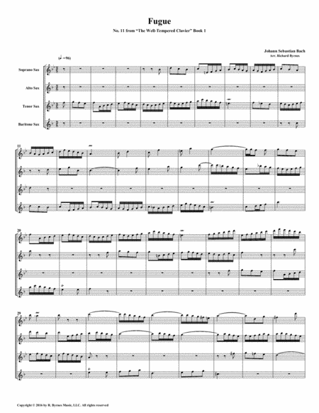 Fugue 11 From Well Tempered Clavier Book 1 Saxophone Quartet Sheet Music