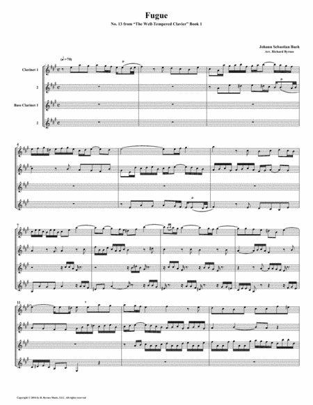 Fugue 13 From Well Tempered Clavier Book 1 Clarinet Quartet Sheet Music