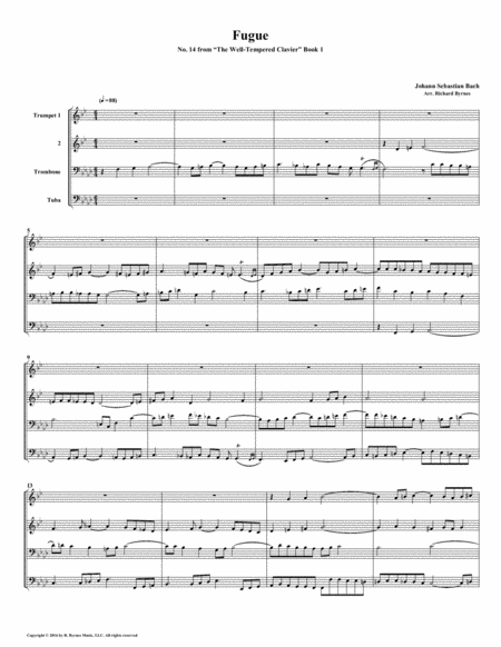 Free Sheet Music Fugue 14 From Well Tempered Clavier Book 1 Brass Quartet