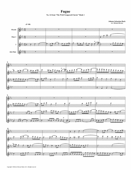 Fugue 14 From Well Tempered Clavier Book 1 Flute Quartet Sheet Music