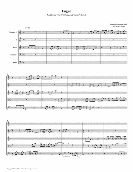 Free Sheet Music Fugue 16 From Well Tempered Clavier Book 1 Brass Quintet