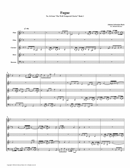 Fugue 16 From Well Tempered Clavier Book 1 Woodwind Quintet Sheet Music