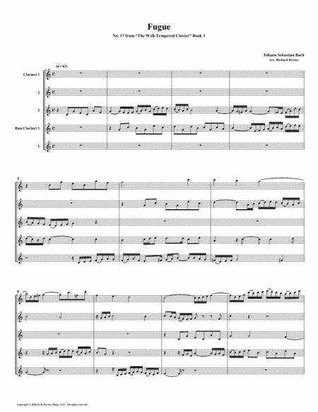 Fugue 17 From Well Tempered Clavier Book 1 Clarinet Quintet Sheet Music