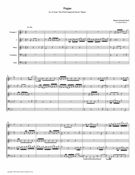 Fugue 21 From Well Tempered Clavier Book 1 Brass Quintet Sheet Music