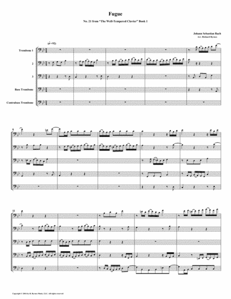 Fugue 21 From Well Tempered Clavier Book 1 Trombone Quintet Sheet Music