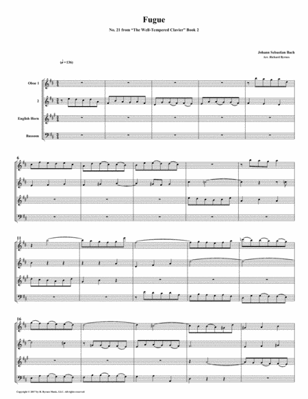 Free Sheet Music Fugue 21 From Well Tempered Clavier Book 2 Double Reed Quartet