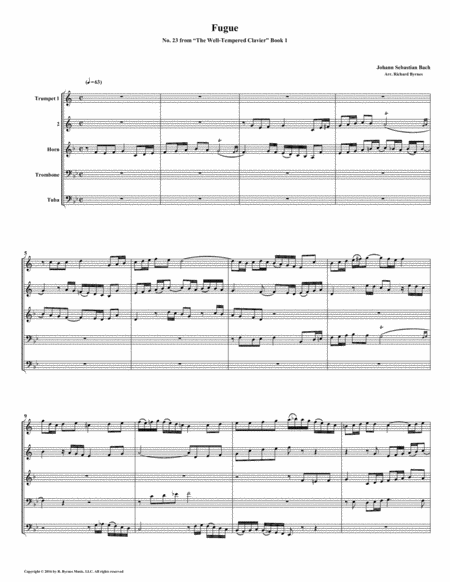 Fugue 23 From Well Tempered Clavier Book 1 Brass Quintet Sheet Music