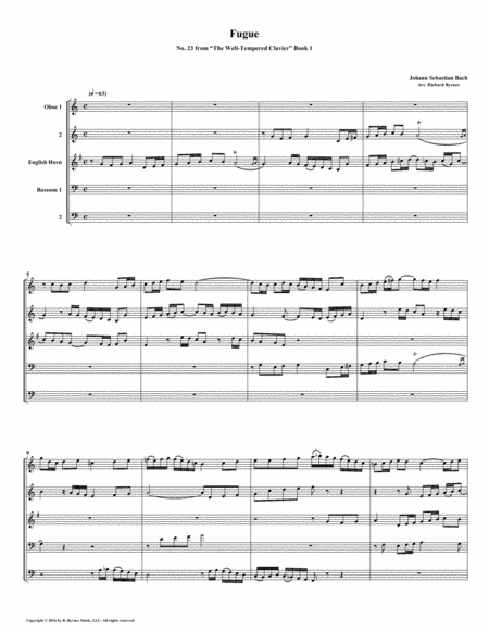 Free Sheet Music Fugue 23 From Well Tempered Clavier Book 1 Double Reed Quintet