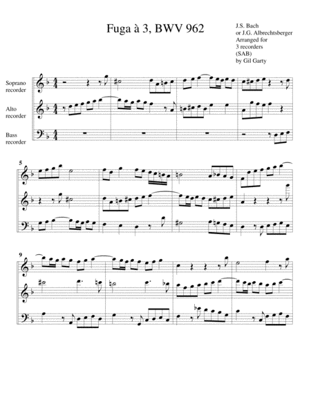 Fugue Bwv 962 Arrangement For 3 Recorders Sheet Music