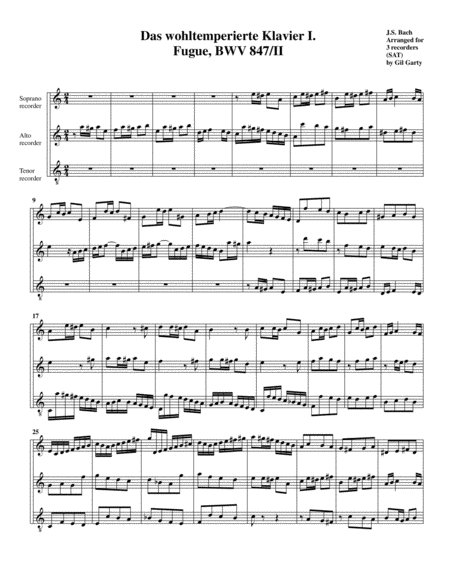 Fugue From Das Wohltemperierte Klavier I Bwv 847 Ii Arrangement For 3 Recorders Sheet Music