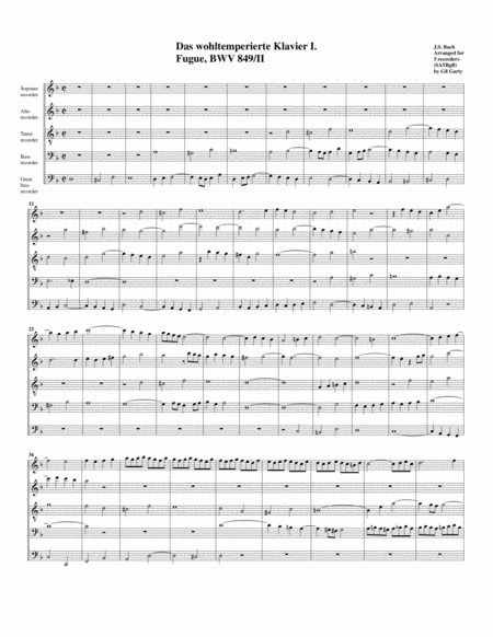 Fugue From Das Wohltemperierte Klavier I Bwv 849 Ii Arrangement For 5 Recorders Satbgb Sheet Music